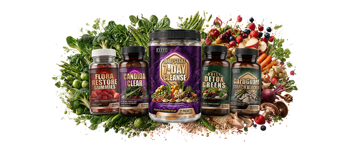 New from Purge Store: Purge Jumpstart 7-Day Reset, Flora Restore Gummies, Candida Clear, Daily Detox Greens and CarbGuard